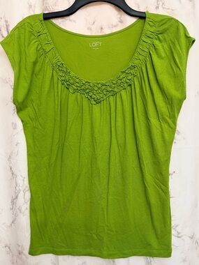 LOFT Lime Green Ruffled Scoop Neck Short Sleeve Top